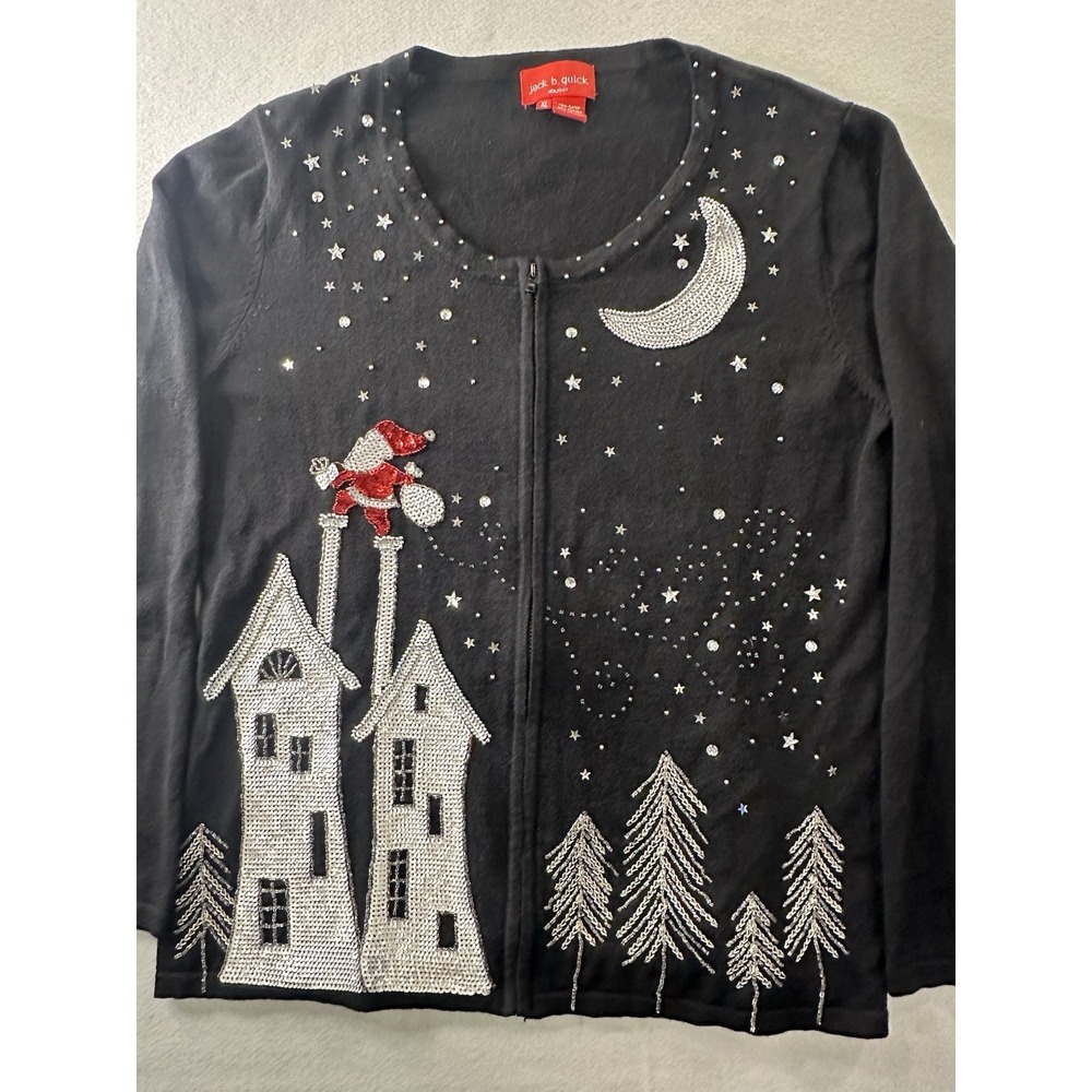 Jack B Quick Women's Black Christmas Long Sleeve Full Zip Sweater Size XL